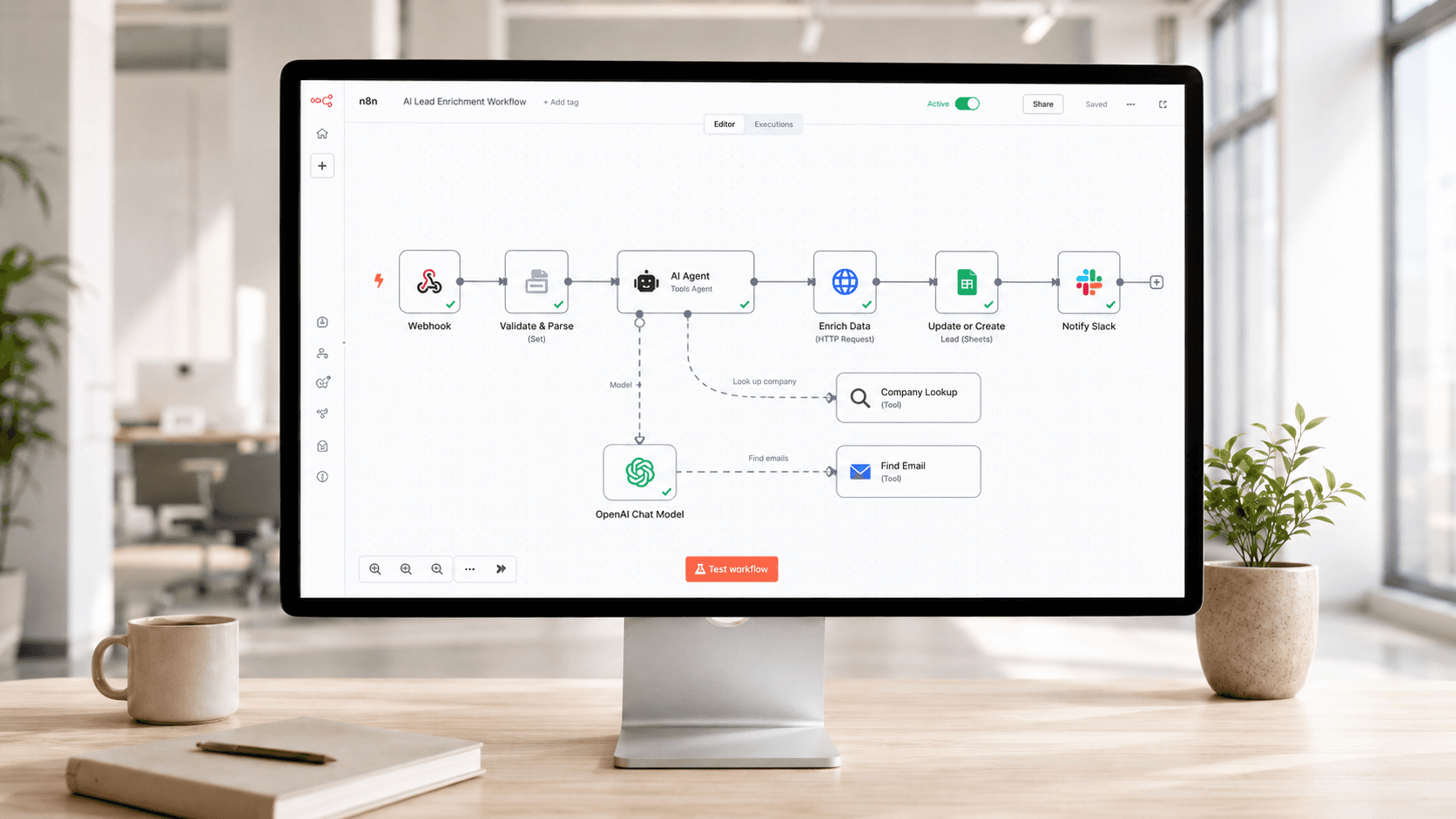 n8n workflow feeding AI request telemetry to TokenSense Cost Analytics dashboard