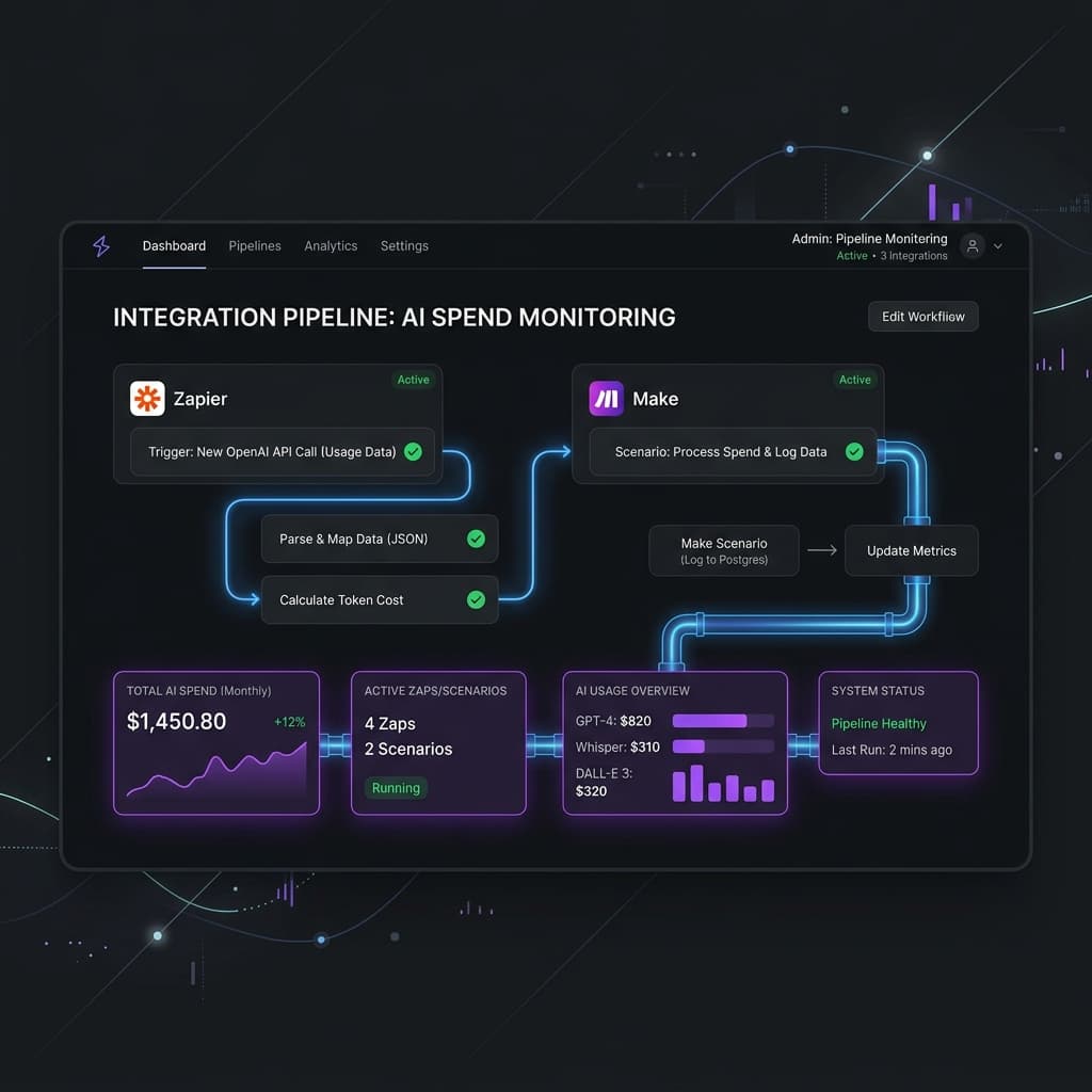 Zapier and Make integration spend monitoring pipeline in TokenSense, demonstrating zaps and scenarios safety levels
