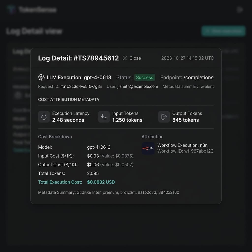 Detailed log view in TokenSense dashboard displaying cost attribution, latency, tokens, and n8n badge