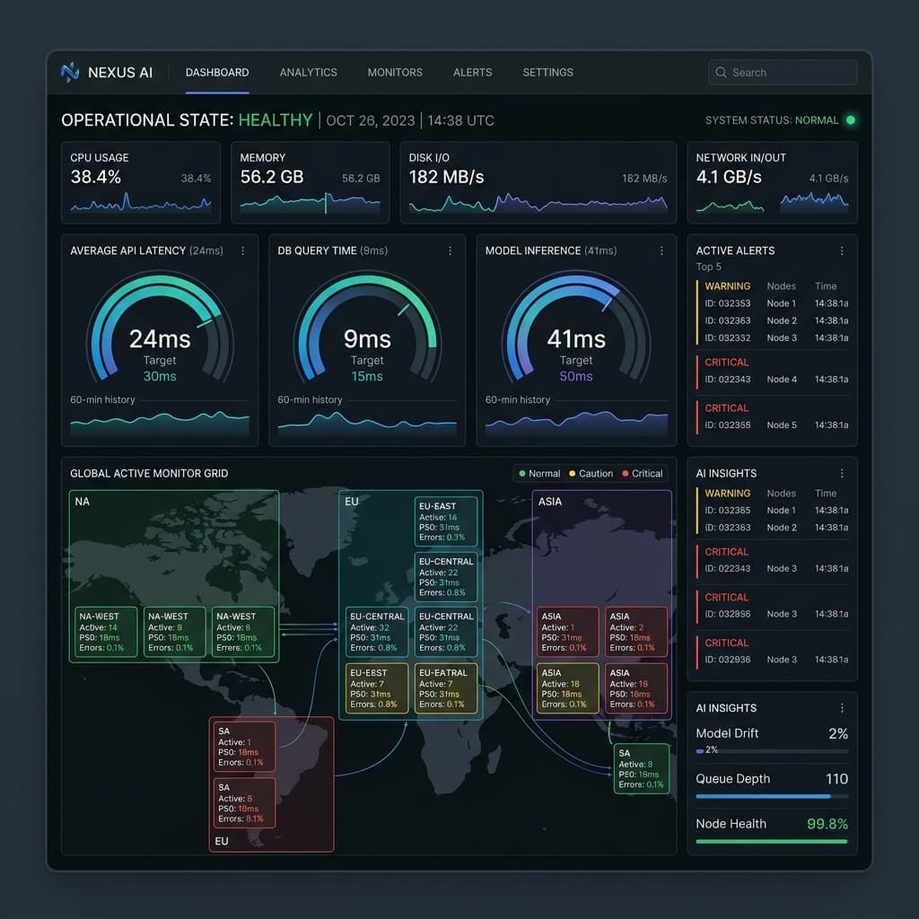 AI Ops control room dashboard exhibiting operational state healthy with latency and inference charts