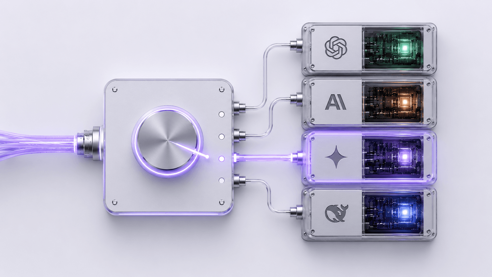 A metallic control hub with a glowing selector dial routing one input to four interchangeable AI provider modules — representing switching AI providers behind a single endpoint