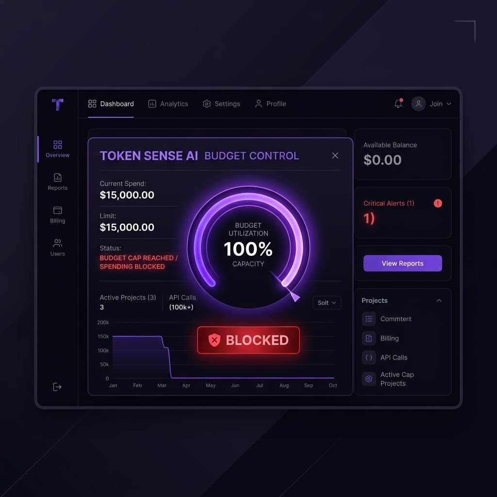 Self-hosted n8n budget control dashboard displaying 100% capacity cap reached