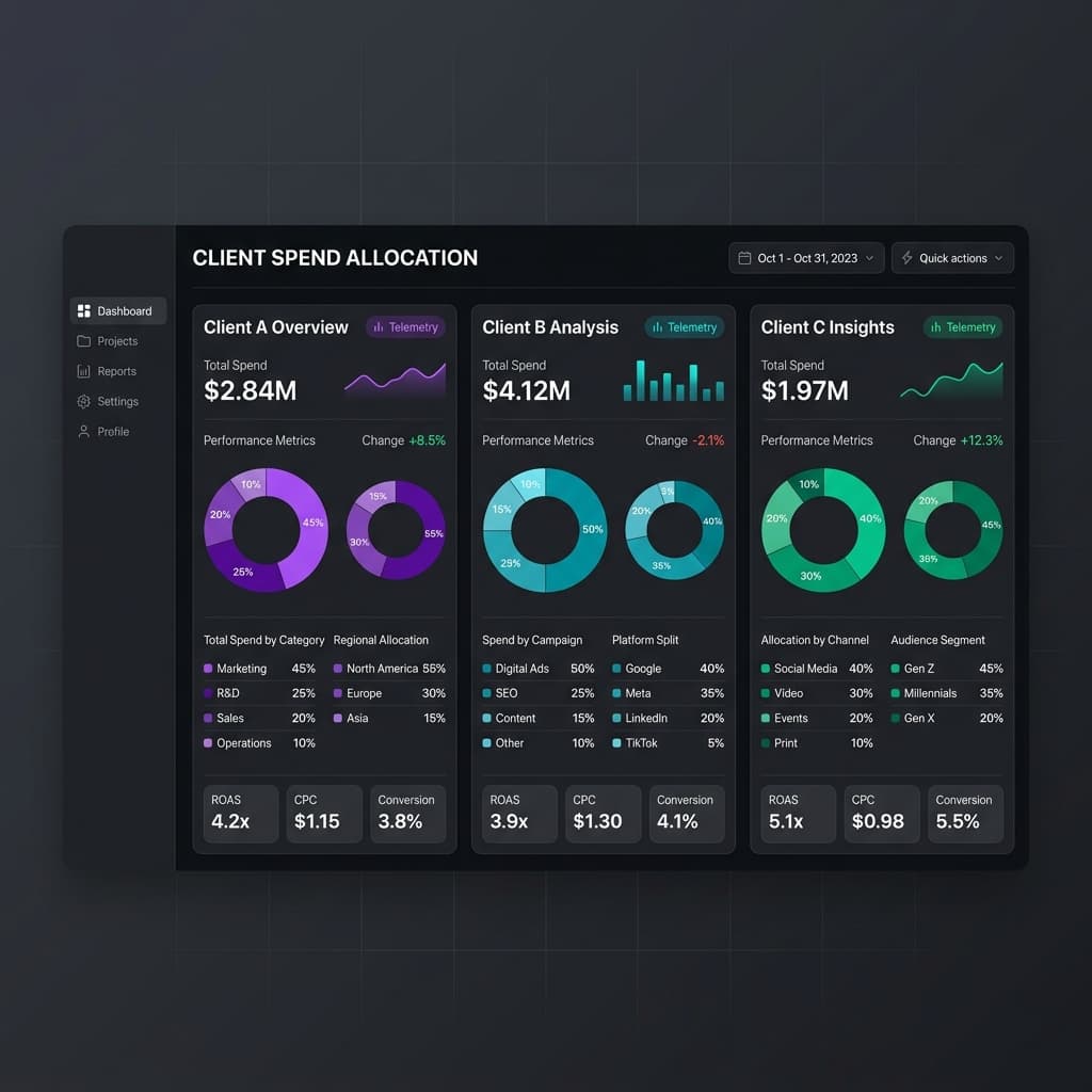 Multi-client spend allocation dashboard displaying cost splits and performance statistics per client