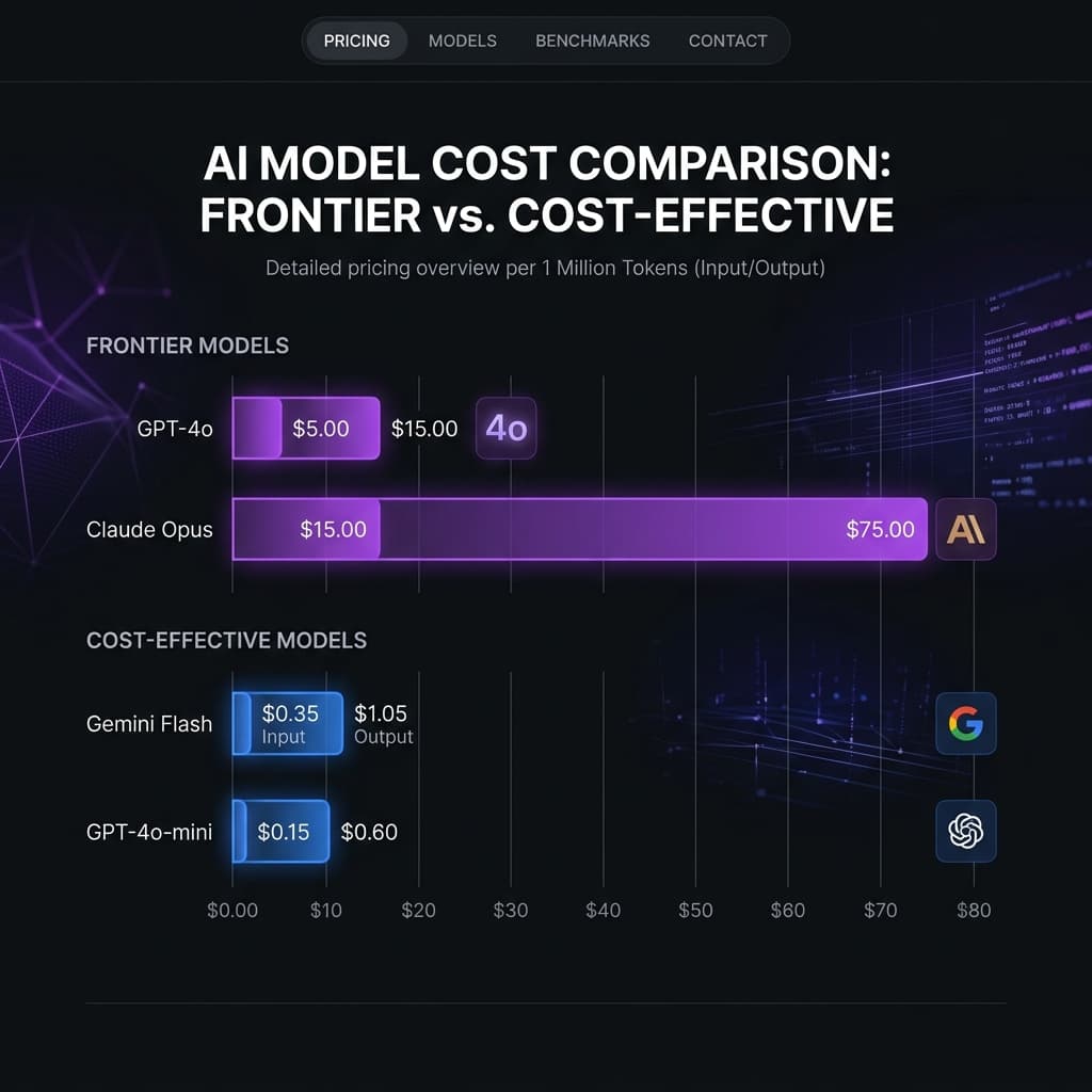 AI model cost comparison between frontier models like Claude Opus/GPT-4o and cost-effective models like Gemini Flash/GPT-4o-mini