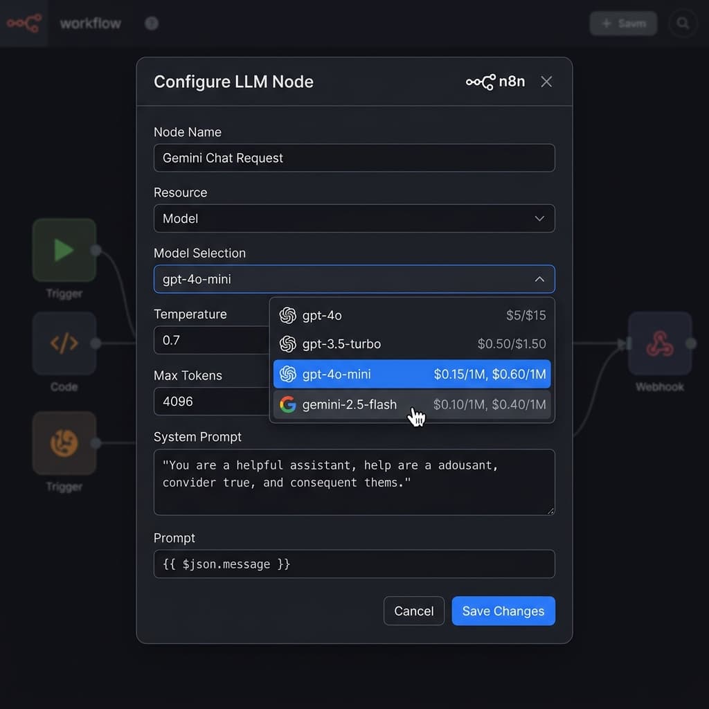 n8n LLM node configuration dropdown highlighting gpt-4o-mini and gemini-2.5-flash with cost breakdowns